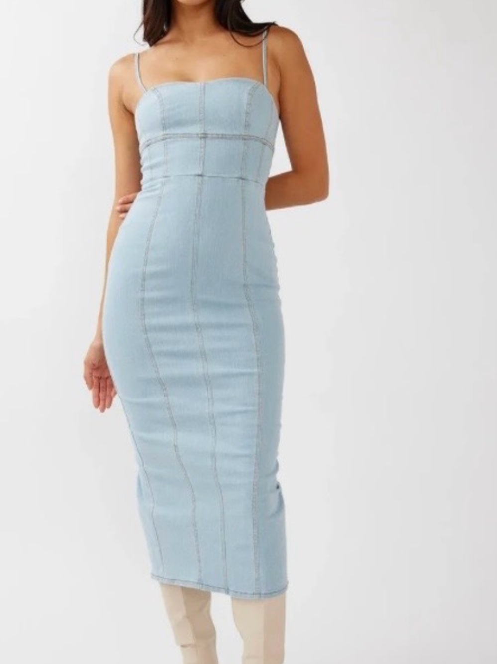 Light Blue Denim Bodycon Midi Dress with Spaghetti Straps
